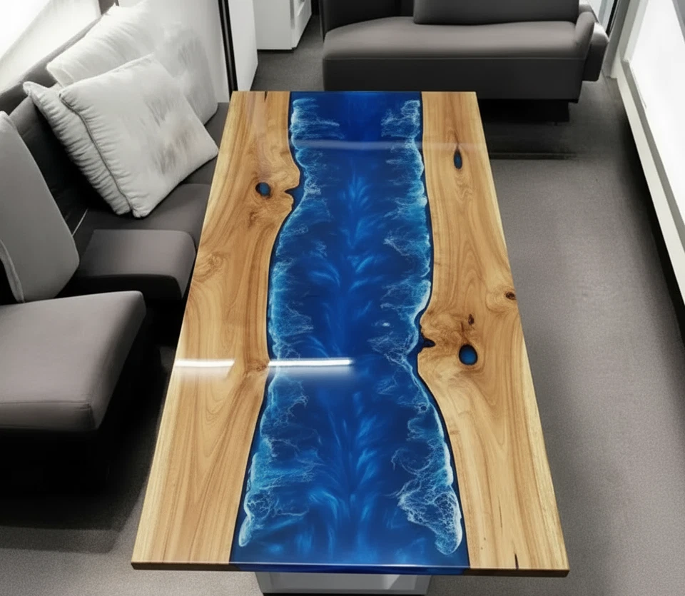 Handmade Blue River Epoxy Table Top Live Edge Wood Resin Dining/Coffee Table Top - Image 2 of 4