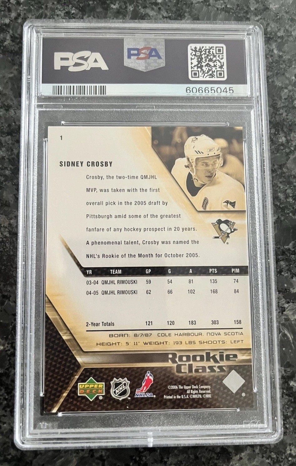 2005-06 Upper Deck Sidney Crosby RC #1 Rookie Class PSA 9 MINT  Penguins Hockey view 2