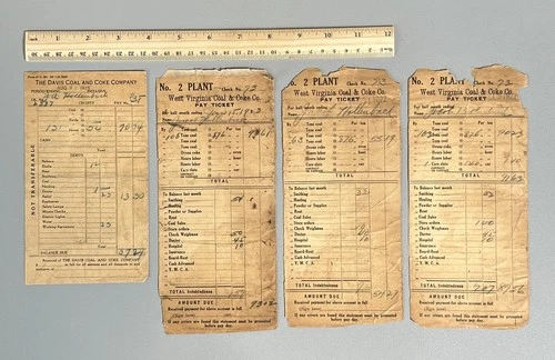 4 1922-1925 Vintage Coal Mining Pay Tickets West Virginia Coal & Coke Davis Co