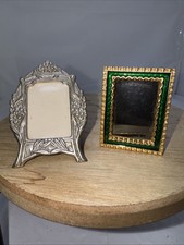  2 Miniature Ornate Metal And Green Enamel Picture Frames Dollhouse Free Stand