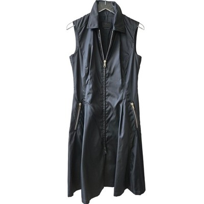 Prada Milano Sleeveless Black Dress Zip Nylon Leather Size Italy 44 US 8 Medium