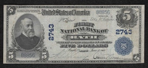 1902 $5 CH#2743 The First National Bank Of Bath Maine "VF++"
