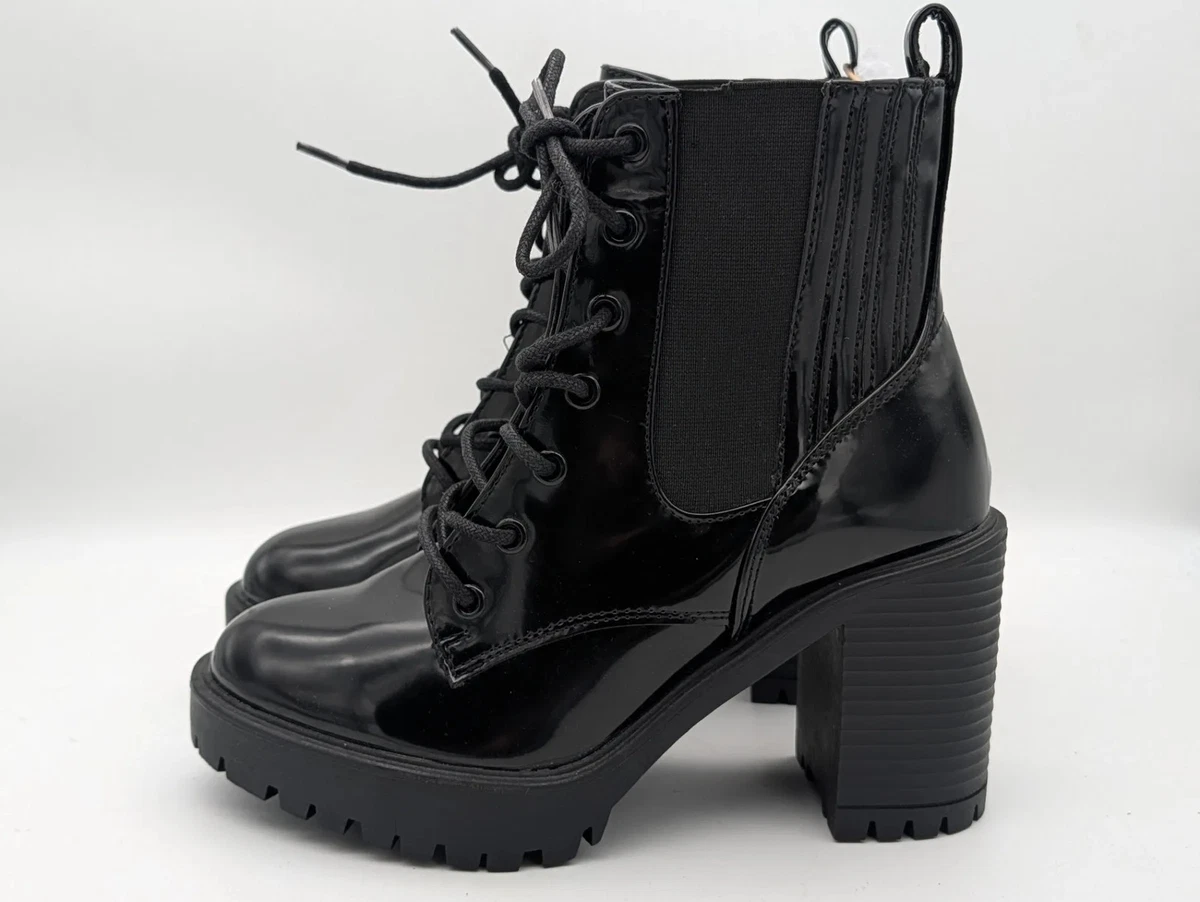 Patent Leather Platform Combat Boots Lace Up Side Zipper Chunky Lug Sole High Women main image 2