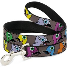 Dog Leash Cute Dinosaurs w/Mustaches Gray NARROW 0.5"