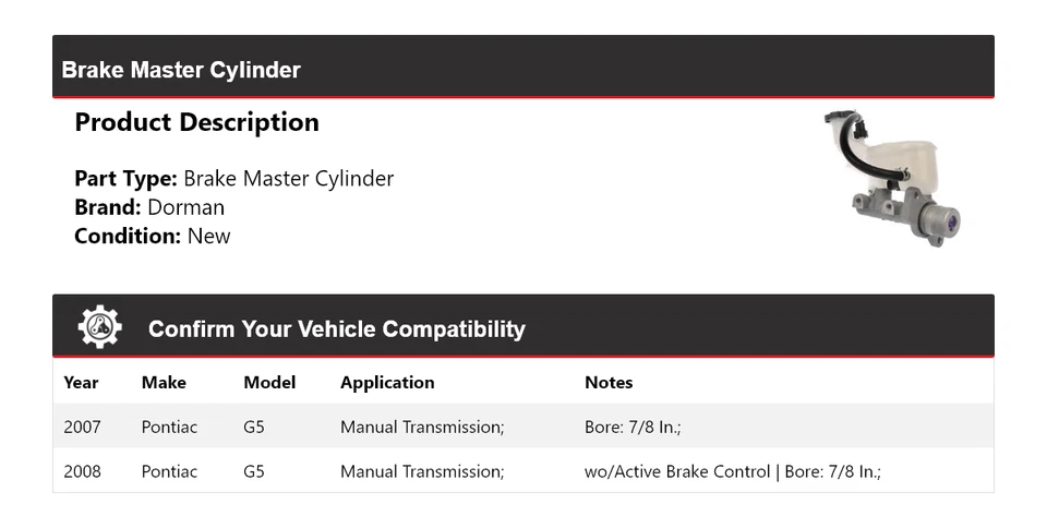 Главный цилиндр тормоза для Pontiac G5 Dorman 2007-2008 годов выпуска - Изображение 2 из 4