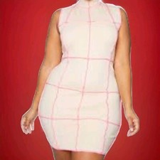 Pretty Little Thing Ribbed Stretch Ecru Mini Dress Fuschia Top-stitch Sz 12 CL01
