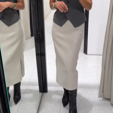 NWT ZARA Woman High-Waisted Sequin Slit Hem Midi Skirt Beige 3920/103 Sz S