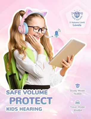 Cat Ear Kids Bluetooth Headphones, LED Lights, Safe Volume Limited, 50H Playtime