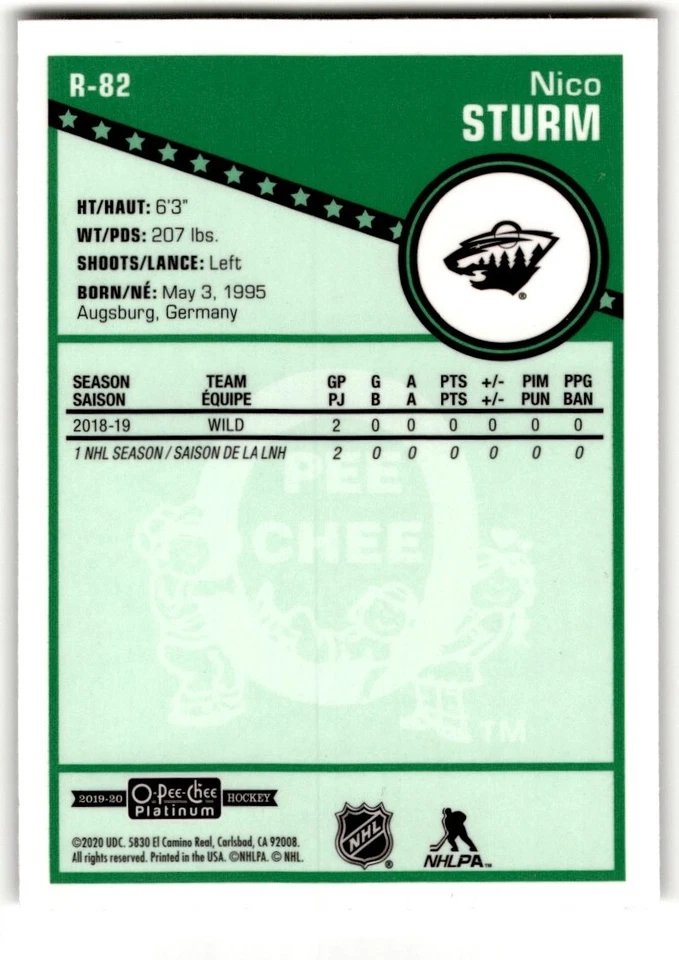 2019-20 O-Pee-Chee Platinum Retro Nico Sturm Rookie #R-82 Minnesota Wild - Image 2 of 2