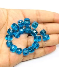 Blue Topaz Quartz Faceted 3 D Cube Box Beads Gemstone,Size - 6,7 and 8 mm 8"Inch