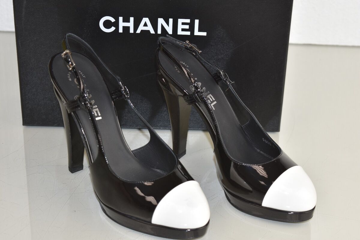 New Chanel Black White Patent Leather Ankle Straps Heels Pumps