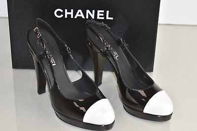 New Chanel Black White Patent Leather Ankle Straps Heels New Chanel Black White Patent Leather Ankle Straps Heels