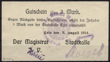[14060] - NOTGELD EXIN (dziś: Kcynia), miasto, 3 Mk, 09.08.1914. Dießner 96.8d (