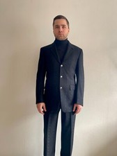 Thierry Mugler Vintage Men's Black Printed Suit Wool-Blend 3 Icon Star Button 48