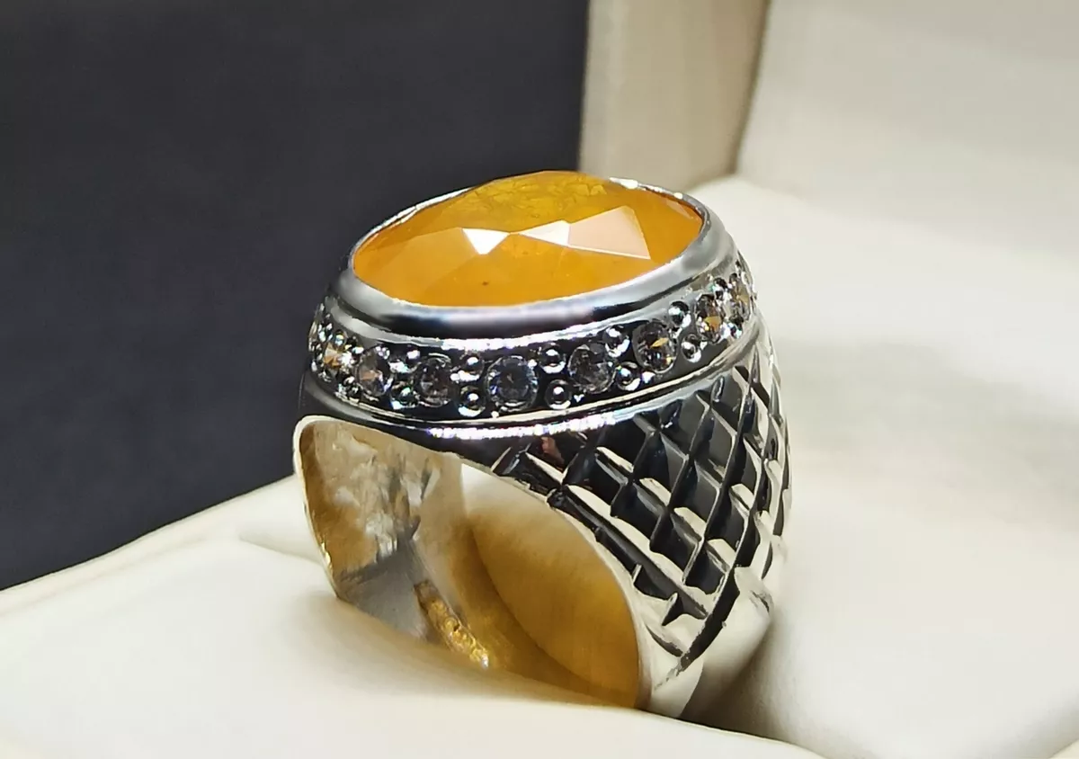 Big 30 Carat Yellow Sapphire Sterling Silver 925 Handmade Pukhraj Heavy Men Ring