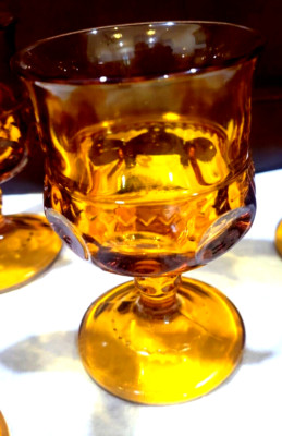 5-Vintage Indiana Glass Ambar King Crown thumb print wine goblets.