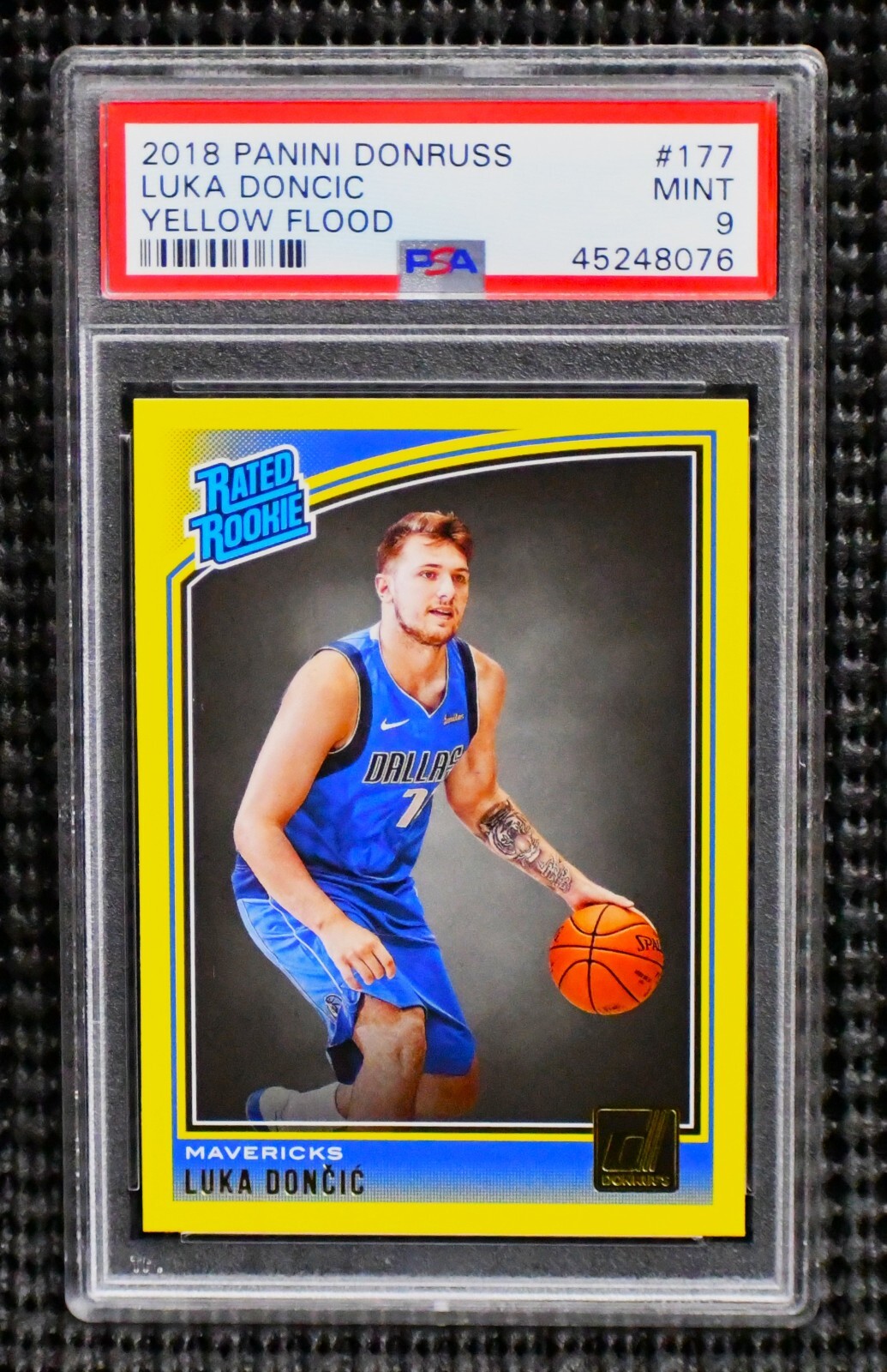 LUKA DONCIC 2018-19 Panini Donruss YELLOW FLOOD ROOKIE card PSA 9 Mint LAKERS Rc