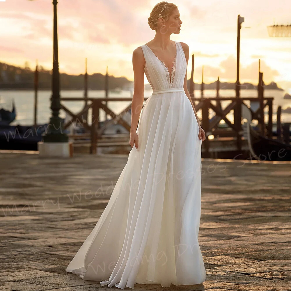 blue dress for baby girl A-Line V-neck Chiffon Wedding Dress Simple Casual Sexy Adorable Beach –  DorrisDress main image 0