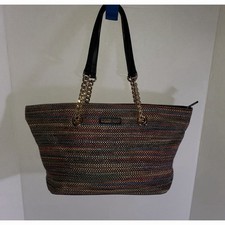 Vintage Calvin Klein Multicolor Woven Tote Bag Chain Handles Logo Plaque