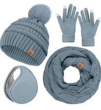 Womens Winter Warm Sets Knitted Fur Pompoms Beanie Hat Circle Loop Scarf