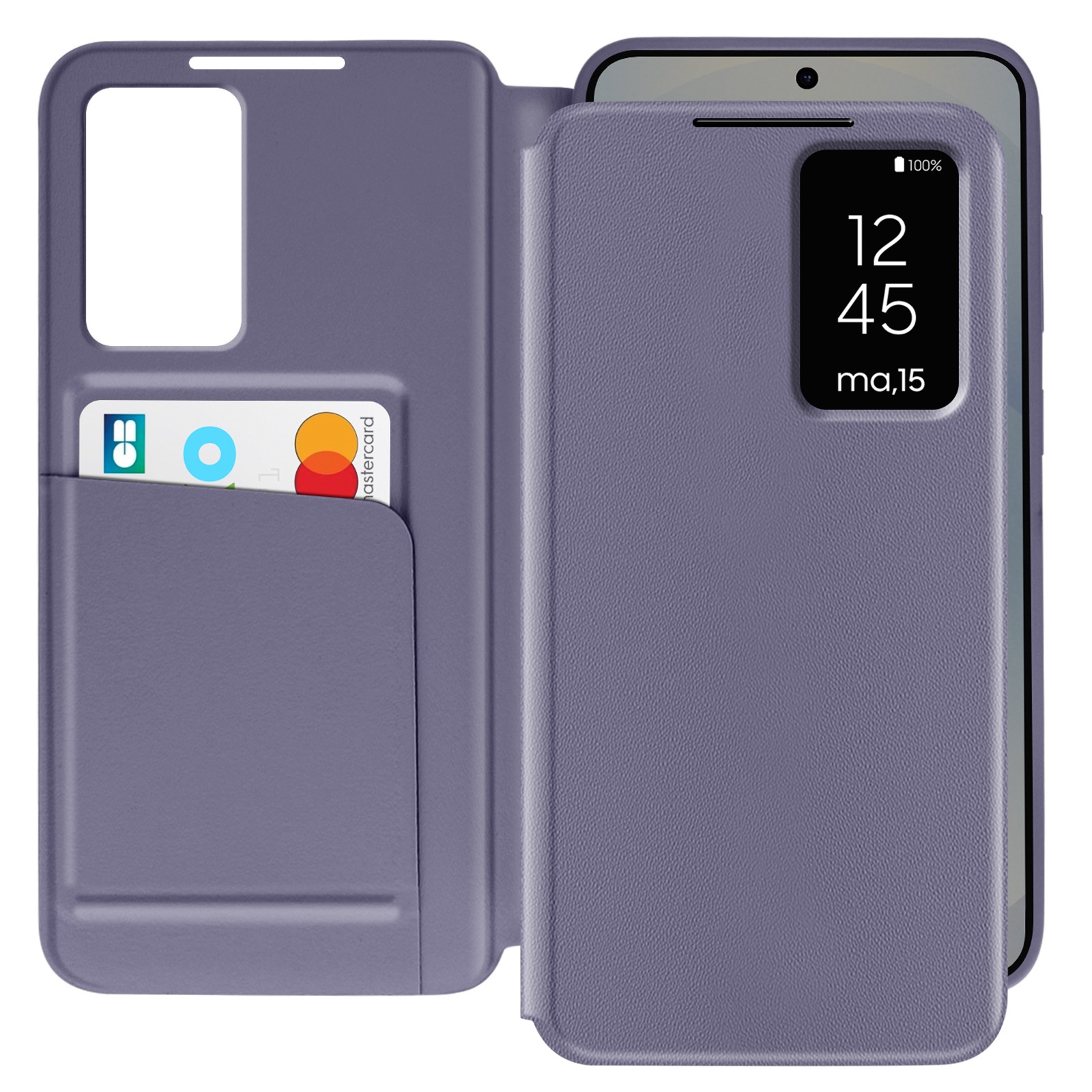 Coque Samsung S25 Plus lavande avec porte carte et fenetre de vue pour appels