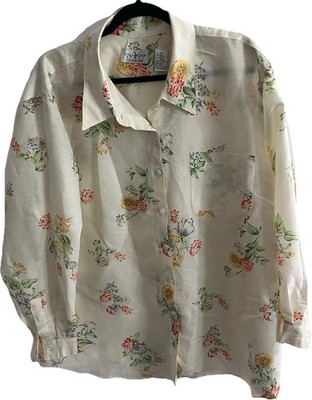 Vintage Villager Sport 2X Ramie Rayon Floral Blouse Cottagecore Sheer Button-Up