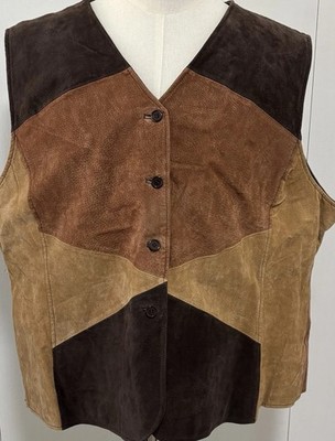 Outbrook Vtg Suede Leather Western Patchwork Brown Tan Vest Ladies 3XL 3 XL