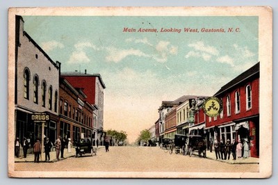 Gastonia NC Main Avenue West View 1914 Postcard Early Cars Horse Drawn Carriage
