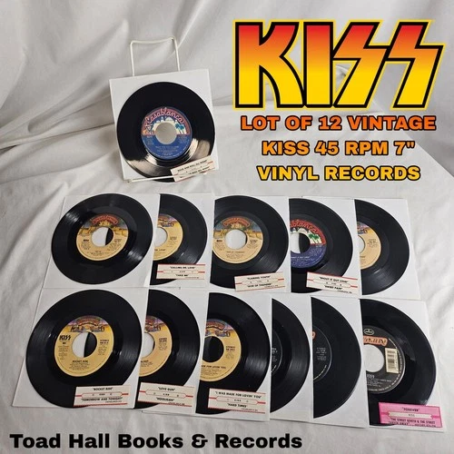 Vintage Lot of 12 Kiss 45 RPM 7" Records 8 w/Jukebox Title Strips Glam Metal