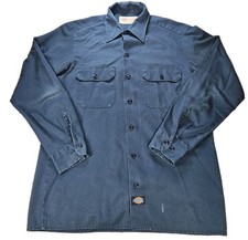 Vintage Dickies Navy Blue Long Sleeve Work Shirt Distressed Made In USA Size Med