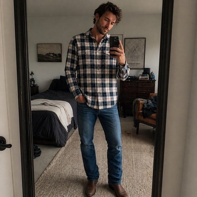 Redhead Ranch Mens Plaid Flannel Shirt M Blue Brown Western Americana Cowboy