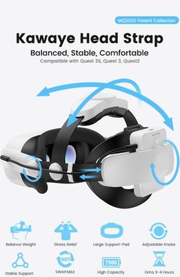 Kawaye for Meta Quest 3S/Quest 2/Quest 3 Head Strap with 7500mAh Battery