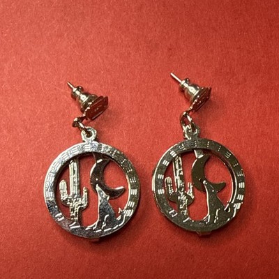 Silver Tone Saguaro Scene Cactus Moon Wolf 3D Stud Drop Earrings