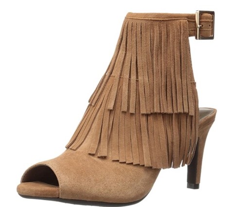 Aerosoles FRINGE Sandal SUEDE Peep Toe HEELS Black or Tan 7M Hippie BOHO Cowgirl - Picture 6 of 12