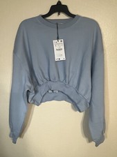 New Zara BASIC CROP SWEATSHIRT 8417/803 Women Top Light Blue Large