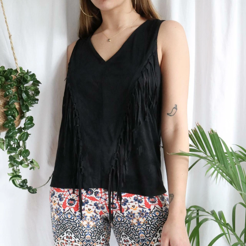Black faux suede fringe top size S - Image 3 of 4