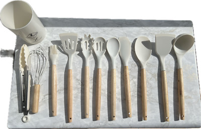 Kitchen Utensils Set of 12 with Wooden Handles - Non-Stick, Heat Resistant, Wash