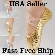 New Women Girl Gold/Silver Ballet Pointe Gymnastics Sequins Leather Dance Shoes