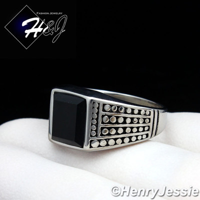 MEN's Stainless Steel Black Square Onyx Silver/Black Plated Ring Size 7-13*R20
