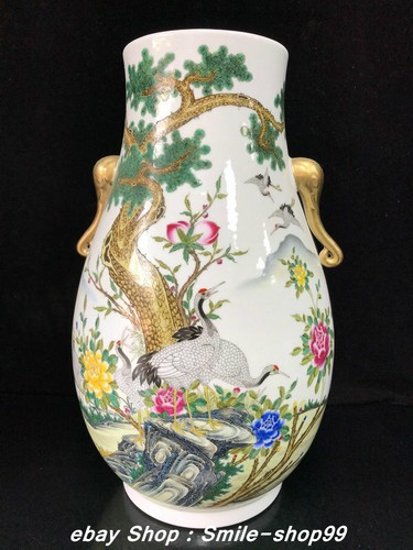 18.8'' Qianlong Marked Old Color Enamel Porcelain Gold elephant Ear Bottle Vase