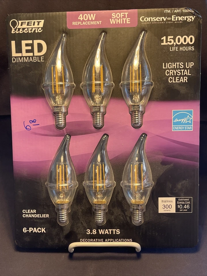 Feit Electric LED Dimmable Clear Chandelier Light Bulbs 3.8W 6-pack 300 Lumens - Image 2 of 3