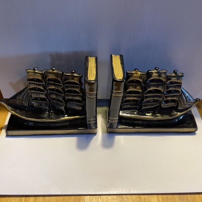 1950s Ceramic Redware Bookends Nautical Ship Theme Black Gold Made in Japan