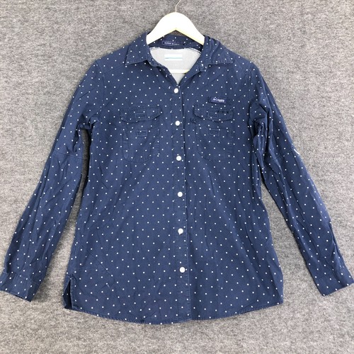 Columbia PFG Shirt Women Small Blue White Dots Super Bonehead Vented Fishing
