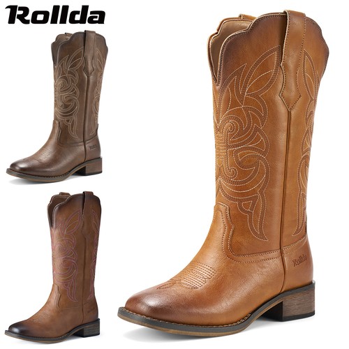 Rollda Women Cowgirl Boots Western Cowboy Riding Boots Square Toe Mid Calf Boots