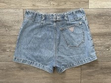 Vtg USA Made Guess High Rise Light Wash Relaxed Fit Buckle Back Jean Shorts 30  