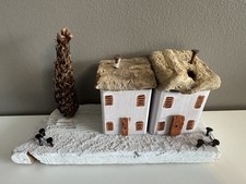 2 Handmade White Houses And Tree On A Driftwood Base.