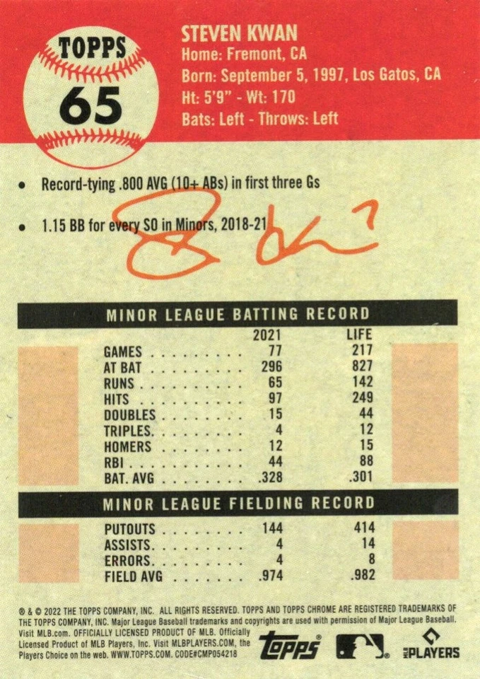 Steven Kwan Prism Rookie 2022 Topps Chrome Platinum Anniversary RC #65 Guardians - Image 2 of 2