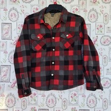 Eddie Bauer Boy's Red Black Buffalo Plaid Flannel Sherpa Lined Jacket 10/12
