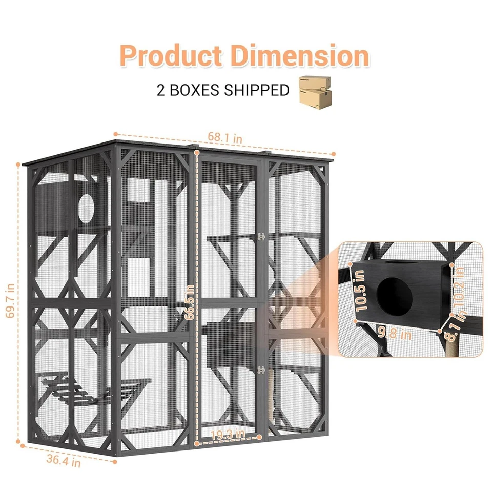 Recinto exterior para gatos de 70"" casa grande para gatos con acceso a ventana, patio parque infantil para gatos Foto 3 de 4