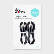 3' USB-A to USB-C 2pk Cable - Deal Worthy Black